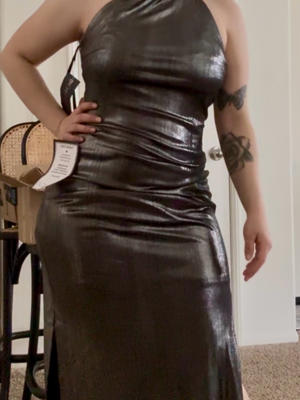 Metallic Black One-Shoulder Maxi Dress